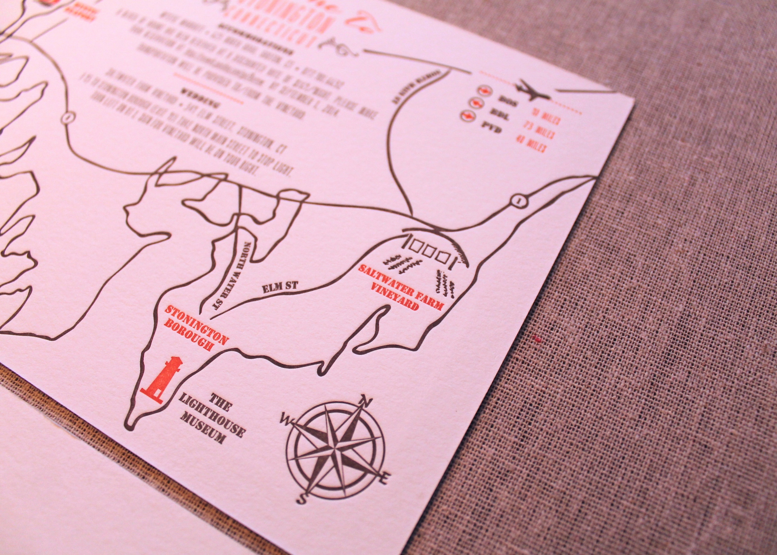 Hand-drawn two color letterpress custom map highlighting venues for the wedding weekend itinerary.