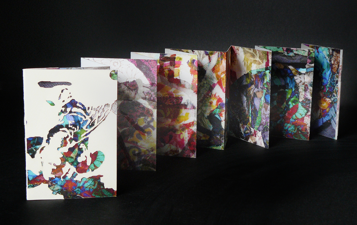 Laura Friend , Waggle Dance , 6" x 8" x 14", Accordion book with digital and lithograph prints, laser cut pages, 2008 Project: Using an image concept, students created two related projects; one using a form of print media of their choice to make a book or print, and one using the imagery to create a digital animation project. This work was done in Large Format Printmaking with professor Gregory Page at Cornell University. I was the teaching assistant for the class and helped to design this project. See right for related video animation work by Laura Friend 