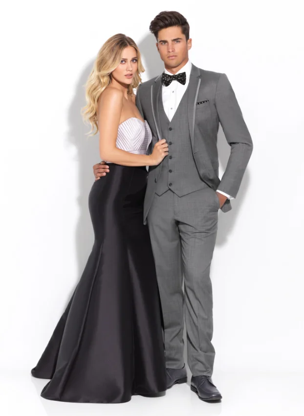 grey tux with black dress