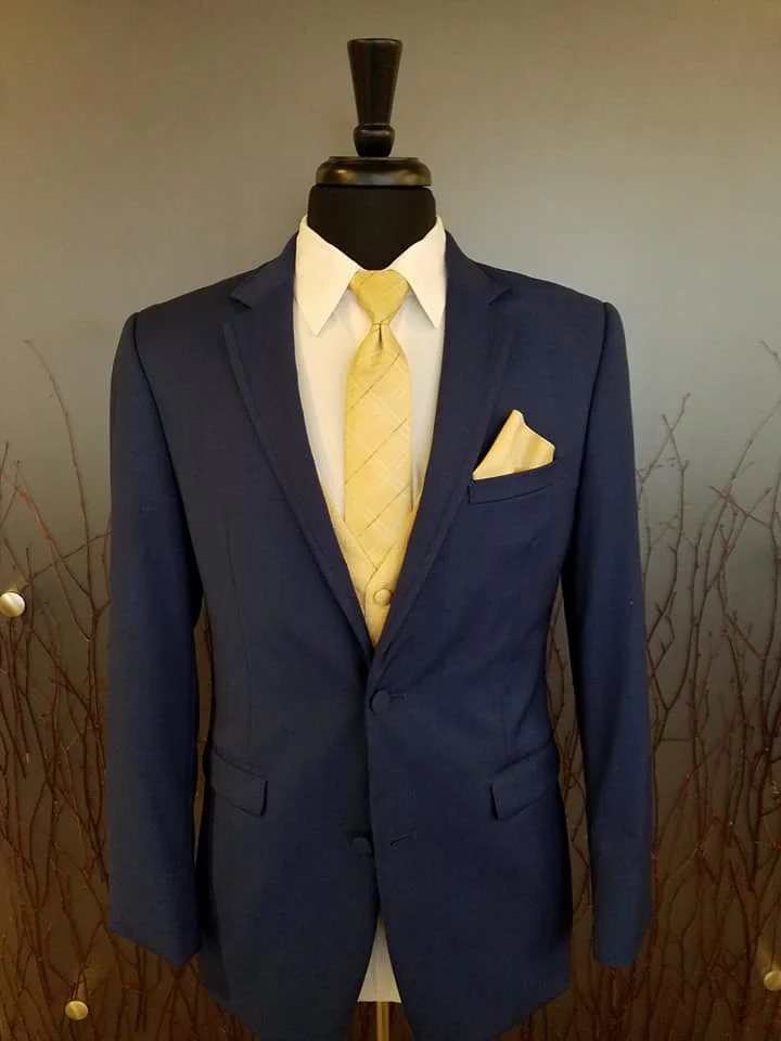 Navy Tuxedo with Yellow Plaid Tie and Vest