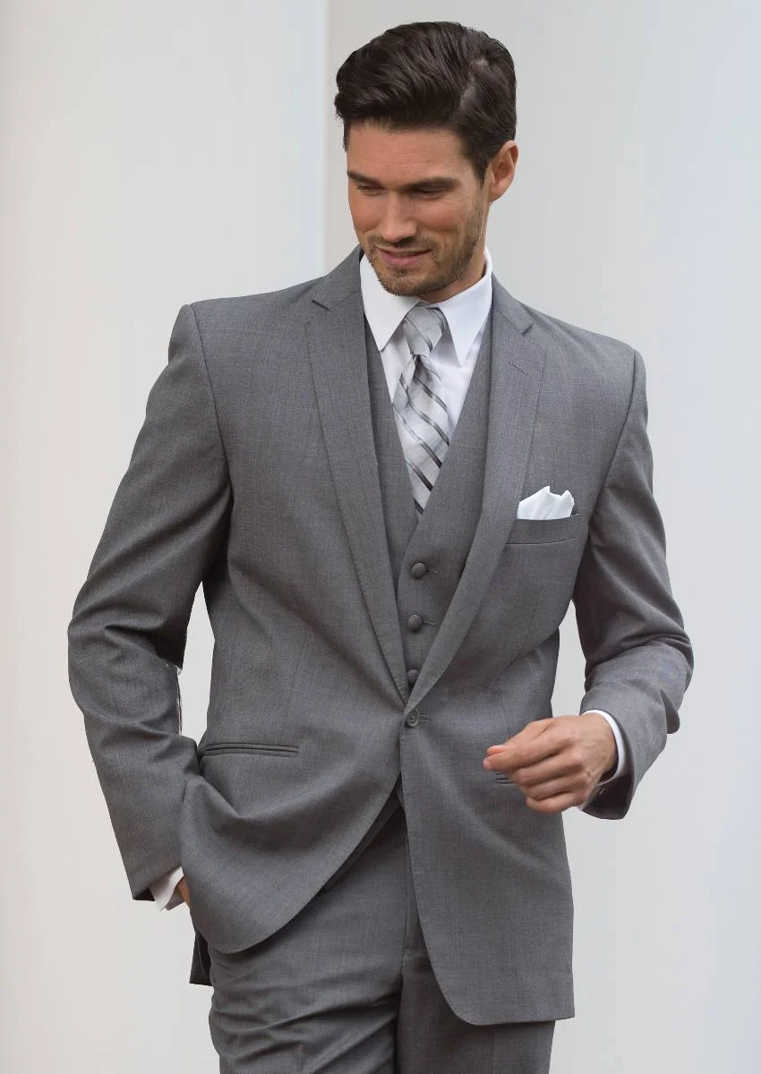 Grey Tuxedo with matching Vest and Silver Striped tie