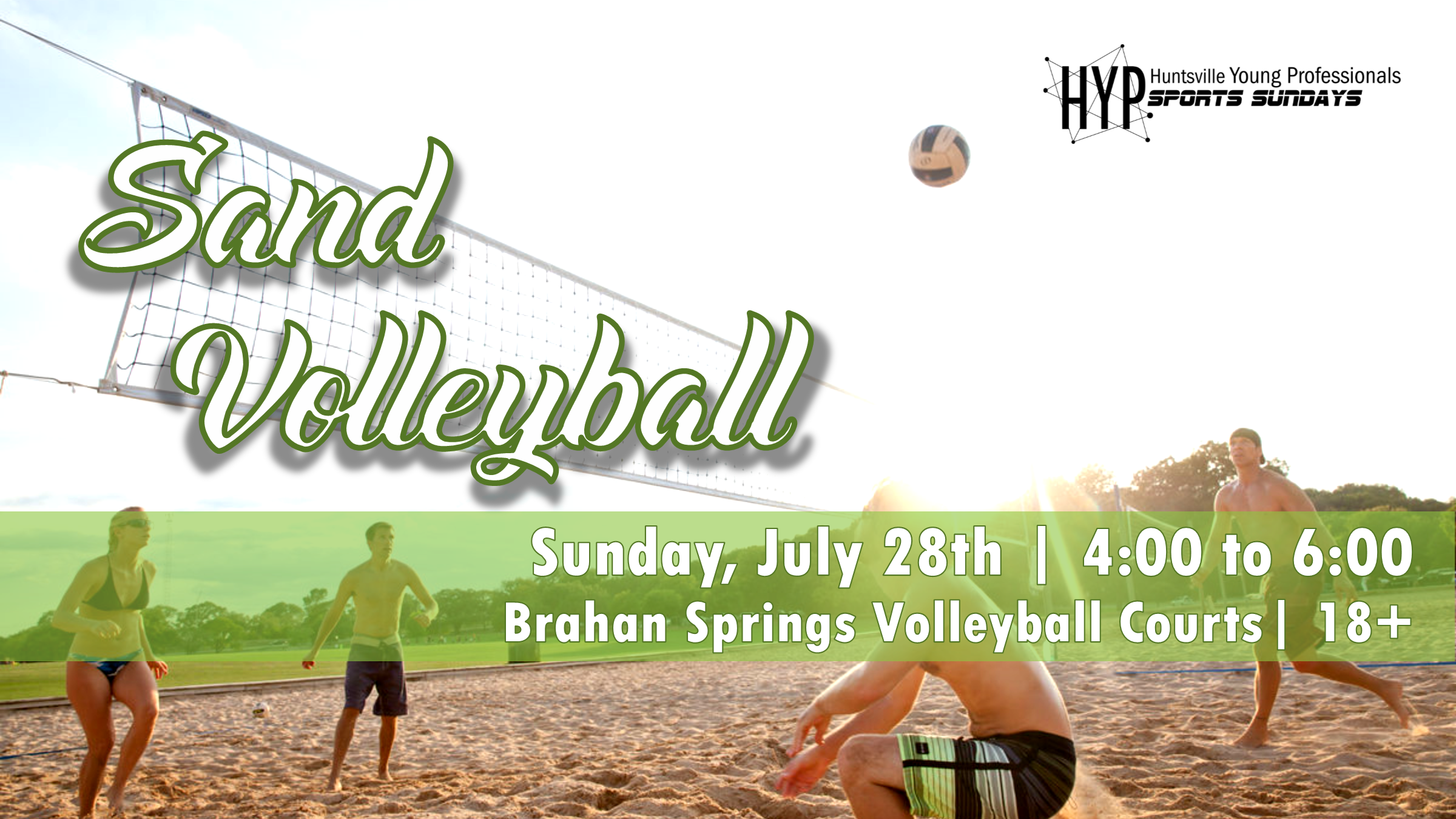 Bump, set, and Spike your day with sport 7 sand volleyball. Jon us at the sand courts at Brahan Spring park on July 28th from 4:00 to 6:00 for a fun game of Volleyball. Be sure to join the Facebook Event to stay up to date.