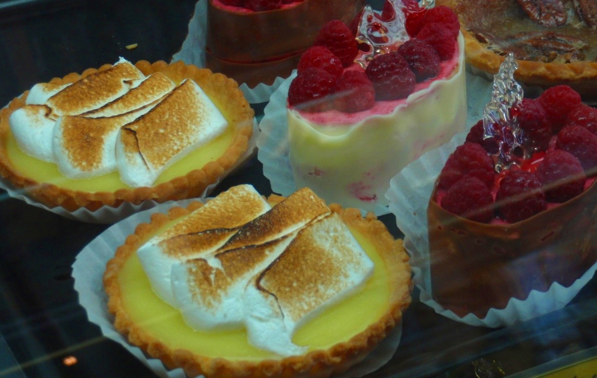 Lemon tart and raspberry and chocolate mousse