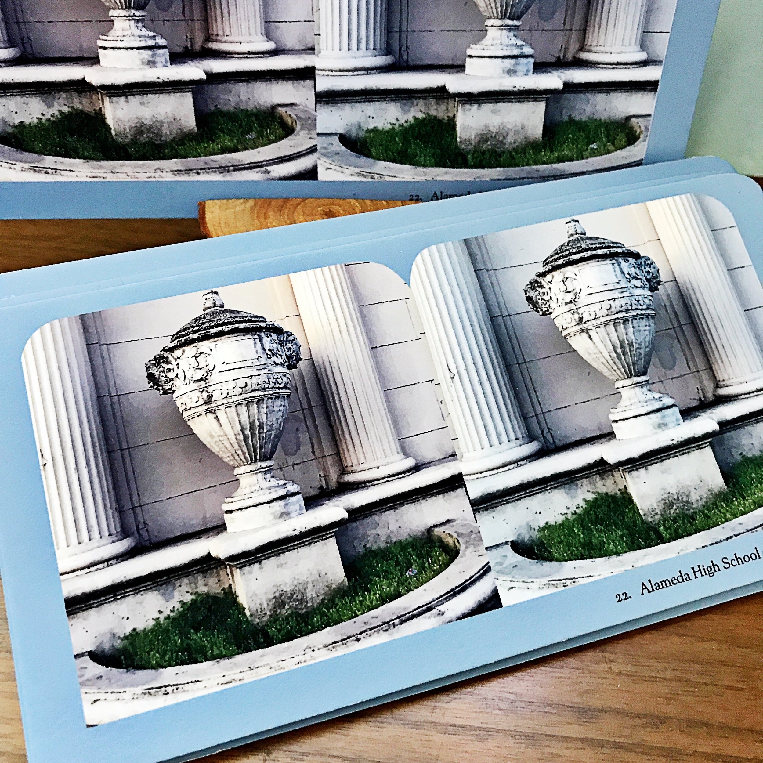 Stereocard. Letterpress printed title and giccle printed image on Hannamule rag while.