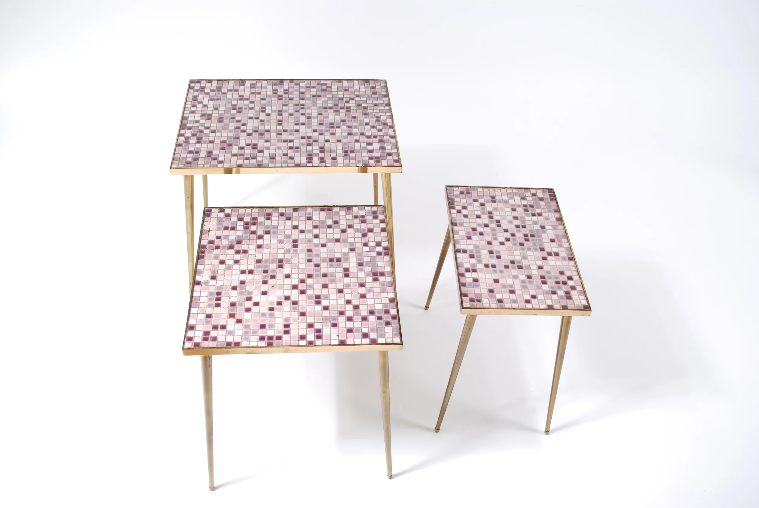 Set of 3 mosaic and brass tables 50's