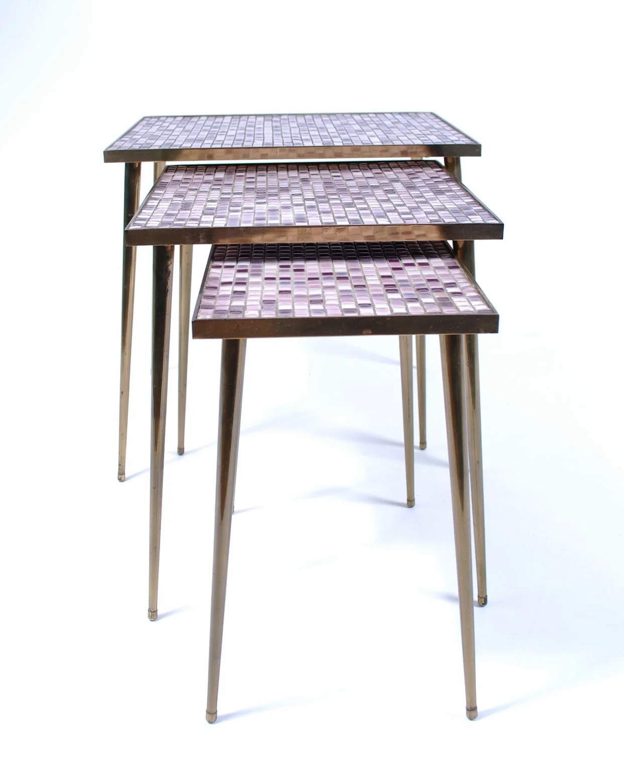 Set of 3 mosaic and brass tables 50's
