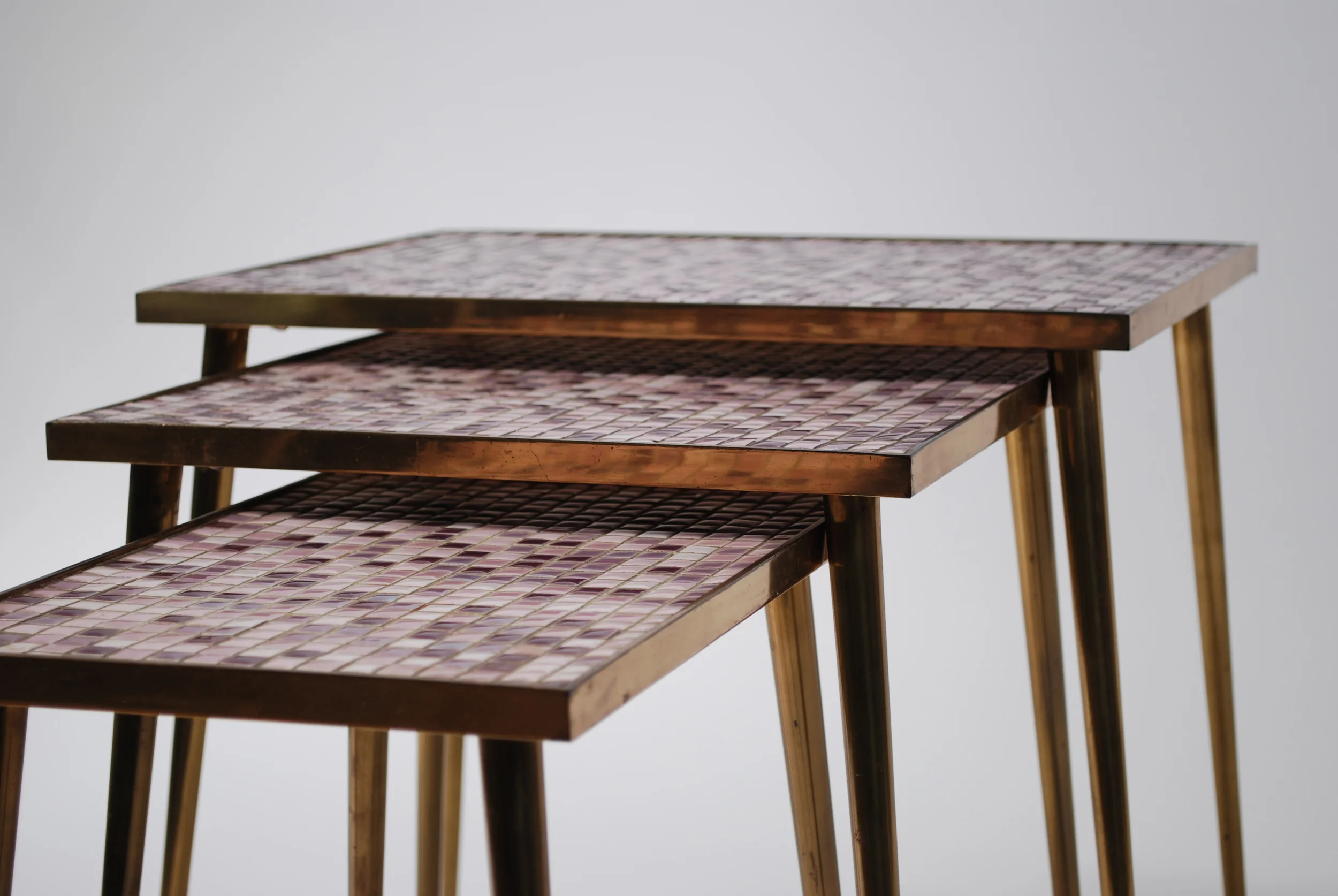 Set of 3 Mosaic & Brass Tables, 50's