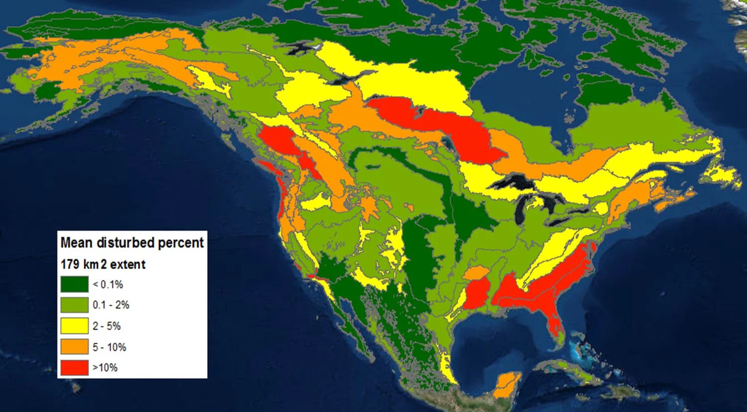 Percentage of each ecoregion (WWF definitions, from Olson et al. 2001) for the time period 2000-2014. Grain size 30m. Disturbance data from Hansen et al. 2013.