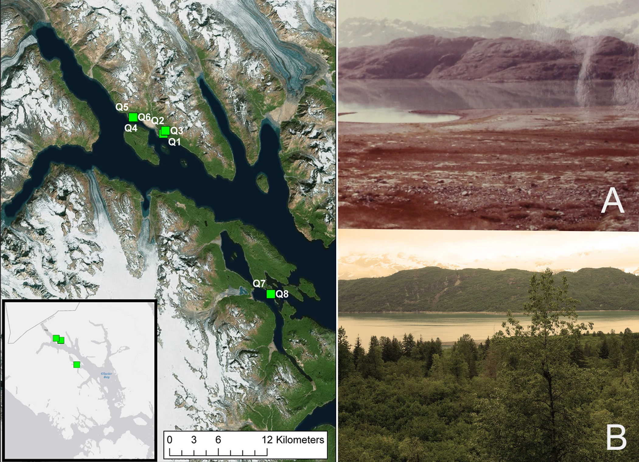 Location of plots and a nice comparison of landscape development. A and B both taken from the same location, A in approximately 1941, B in 2016. Point is near Q2 on the map.