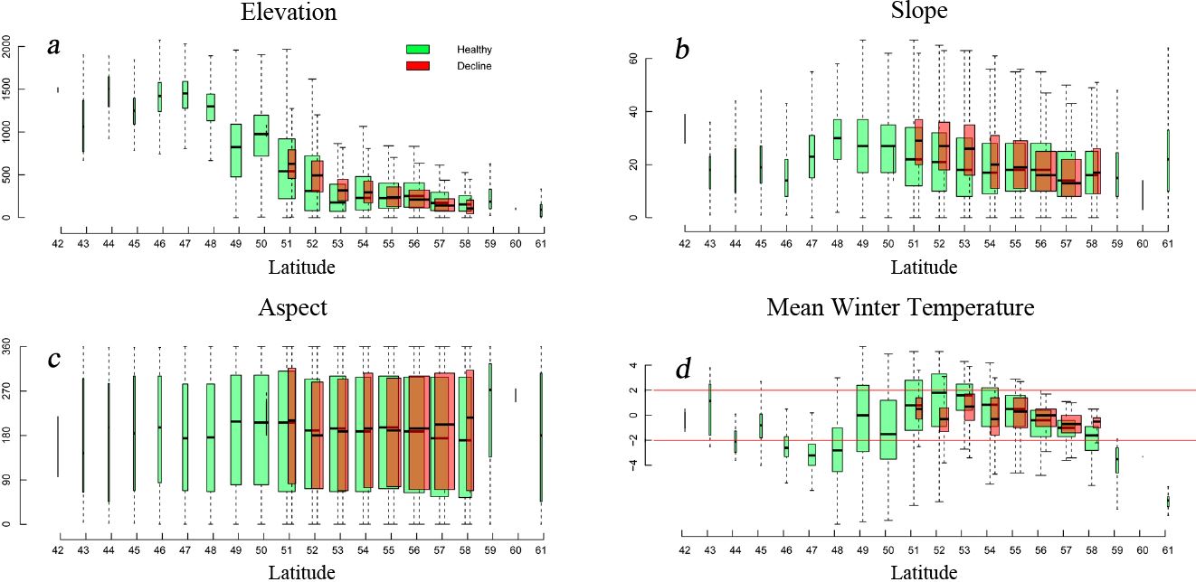 Topographical distribution of the mass cedar mortality occurring as a result of climate warming, from southern BC to southcentral Alaska.
