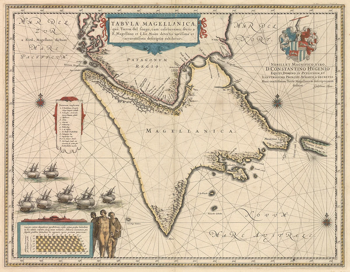 One of the first maps to show Tierra del Fuego as its region, separate from the mainland. This was after the Horn (really, the Hoorn due to the Dutchmen that named it) was doubled for the first time, but prior to several other exploratory firsts including the Falklands being completely described.