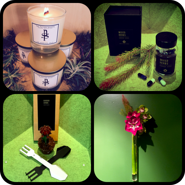 From Top, Left to Right...The Potion Shoppe Citrine Candle, Mixed Herb Seed Capsules, From Bottom Left to Right...Garden Spork in Grey and Black, and the Glass Wall Vase. 
