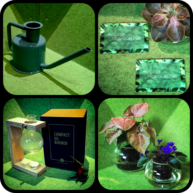From Top, Left to Right...X3 Watering Can, The Plant Provocateur Gift Card, From Bottom, Left to Right, Page Thirty Three Compact Oil Burner, and Cup O' Flora glass gardens.