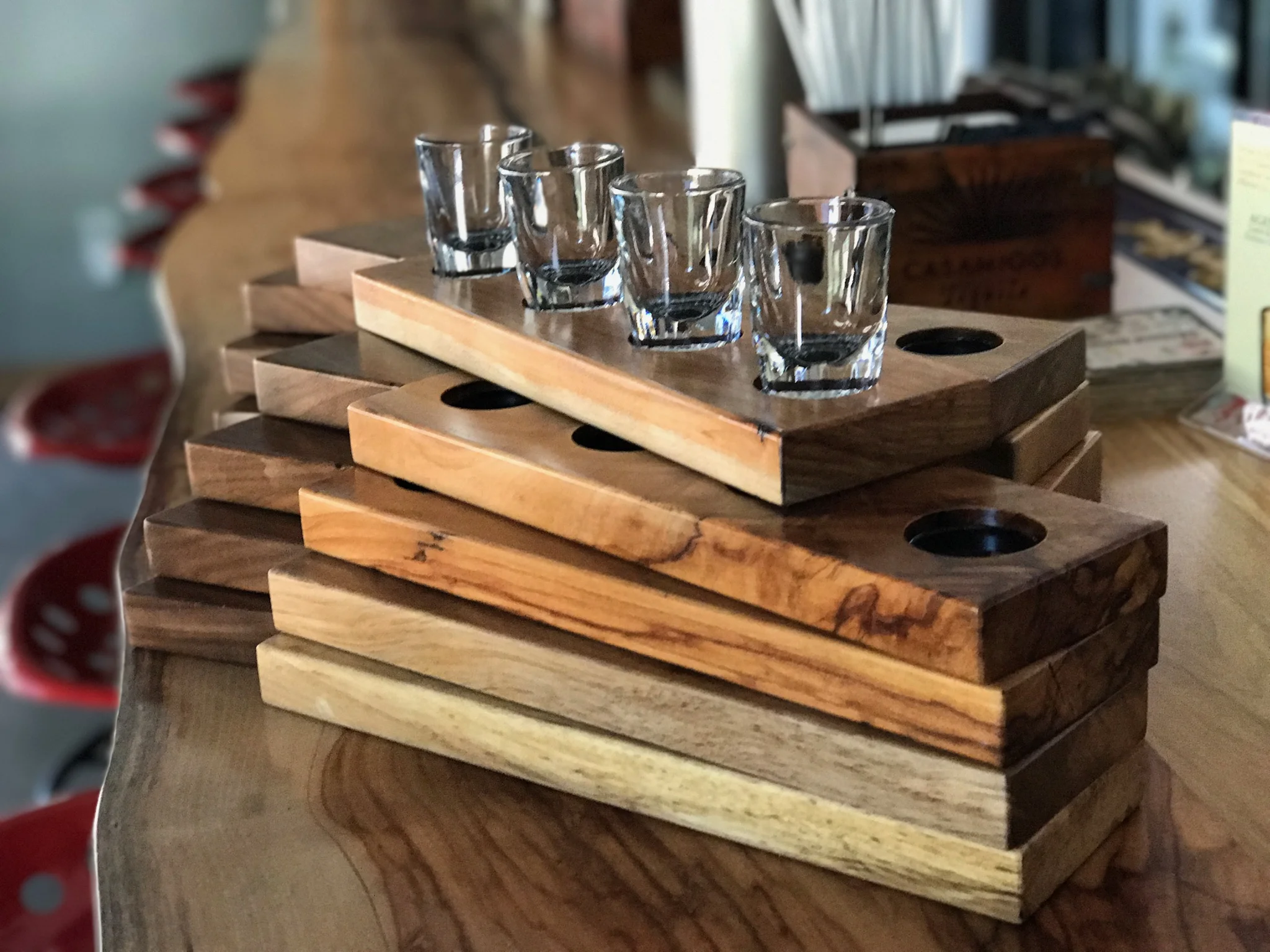 Jack Ellis Company Custom Live Edge Bar , Custom Whiskey Flight holders and custom shelves