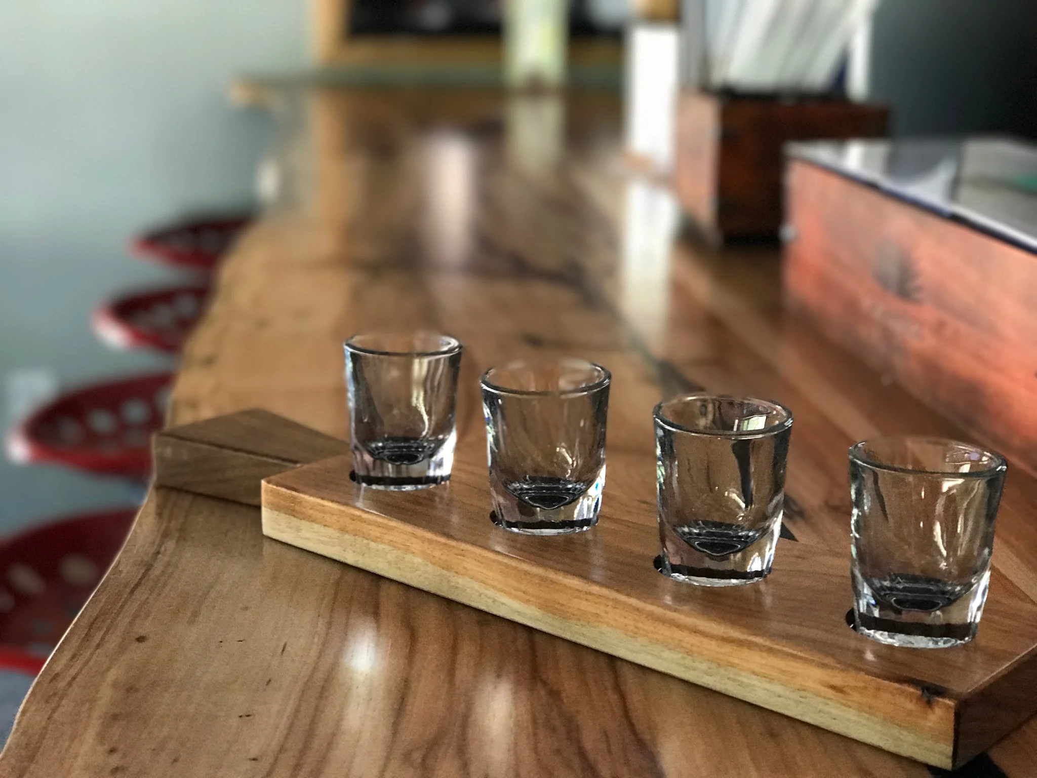 Jack Ellis Company Custom Live Edge Bar , Custom Whiskey Flight holders and custom shelves