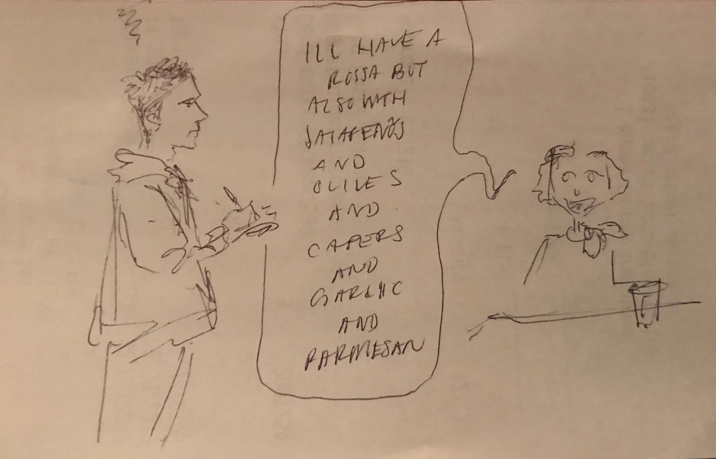 The obligatory Whitney receipt doodle, featuring our ever-patient server and Bailey’s complicated order.