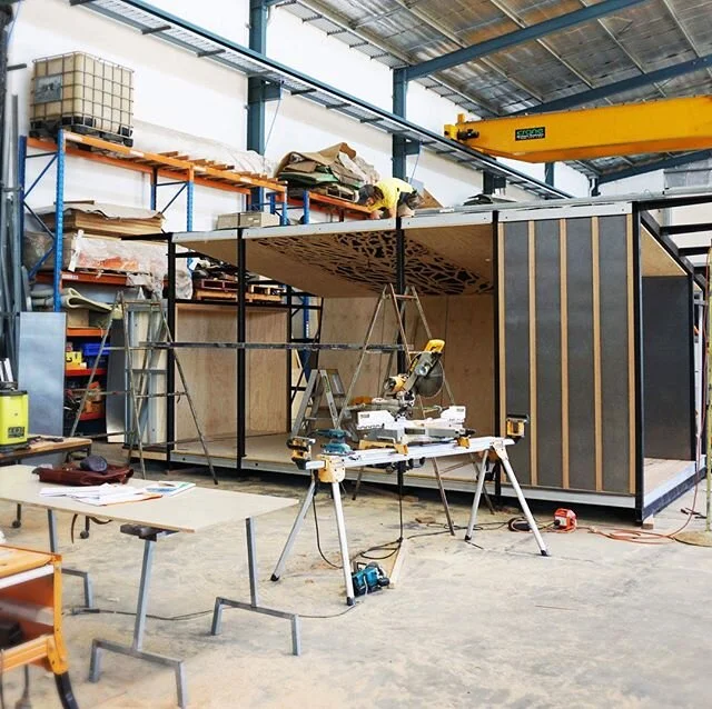 A snap from the fabrication yard - a trop_pod coming to life. ☀️Timber cypress stick wall from anthonys property
☀️The bathroom steel is all recycled from demolished buildings in Horsham.
☀️The steel cladding is all rolled in Horsham by Anthony.

Tro