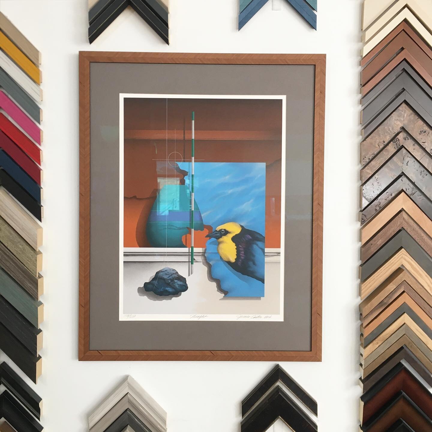 One of our favorite pieces hanging in the shop is this James Carter print! Features a feathery, herringbone profile from @bellamoulding 🪶
#surrealist #birds #allday #customframing #handmade #frameshop