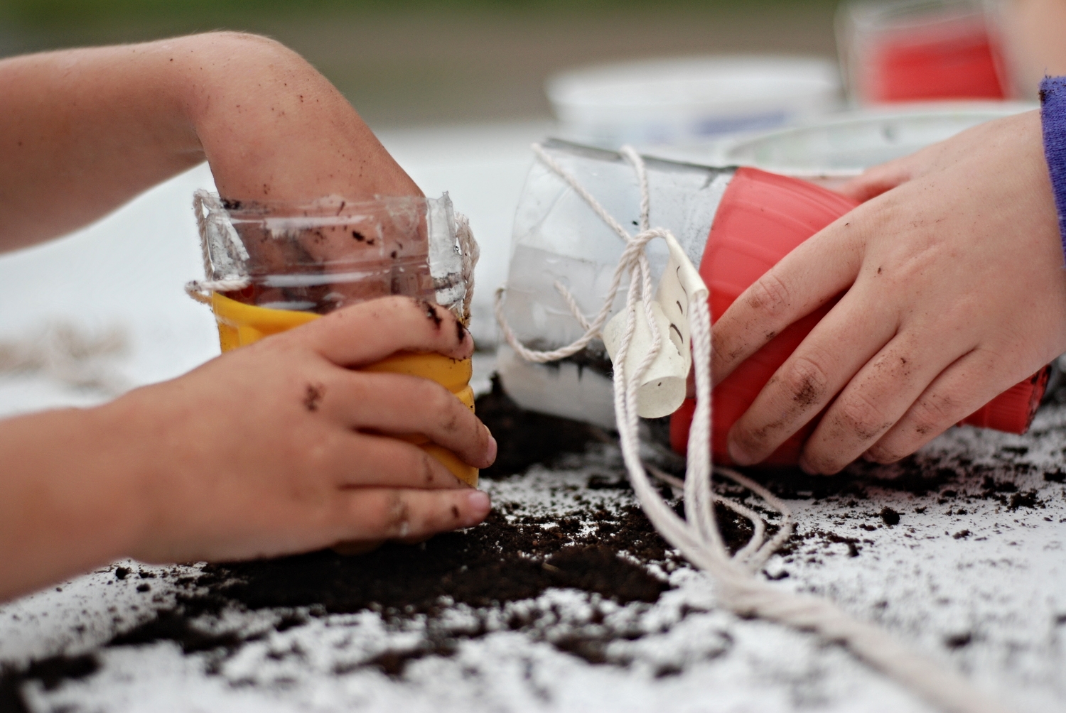 Some of our campers using reusing water bottles as planters for our bottle tree.