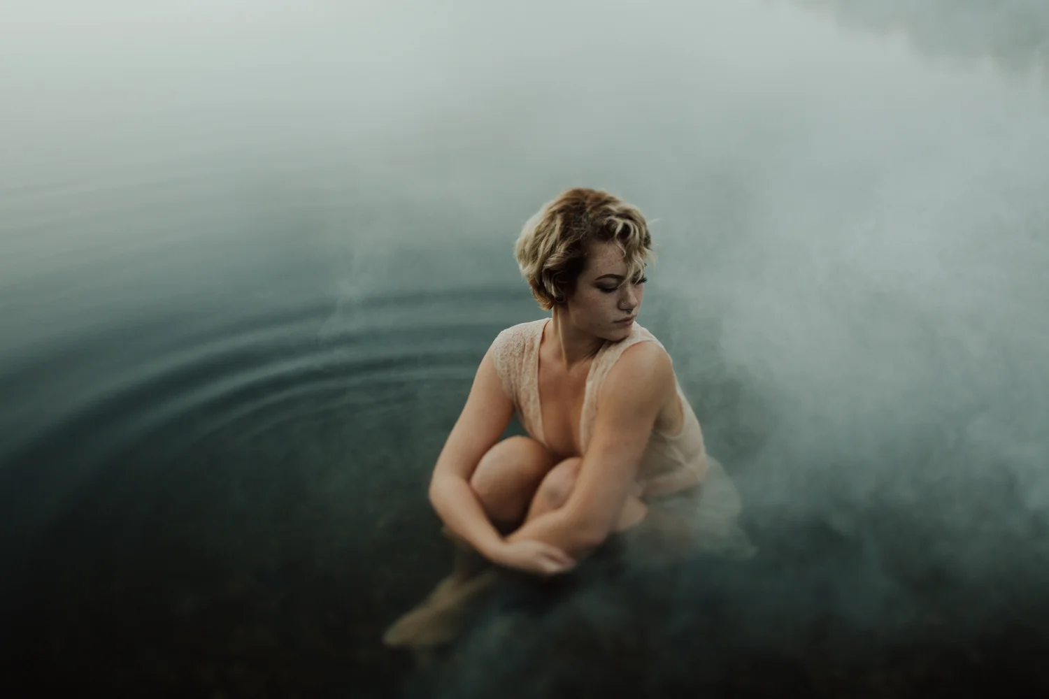 women in blue water thetis lake, victoria boudoir photographer