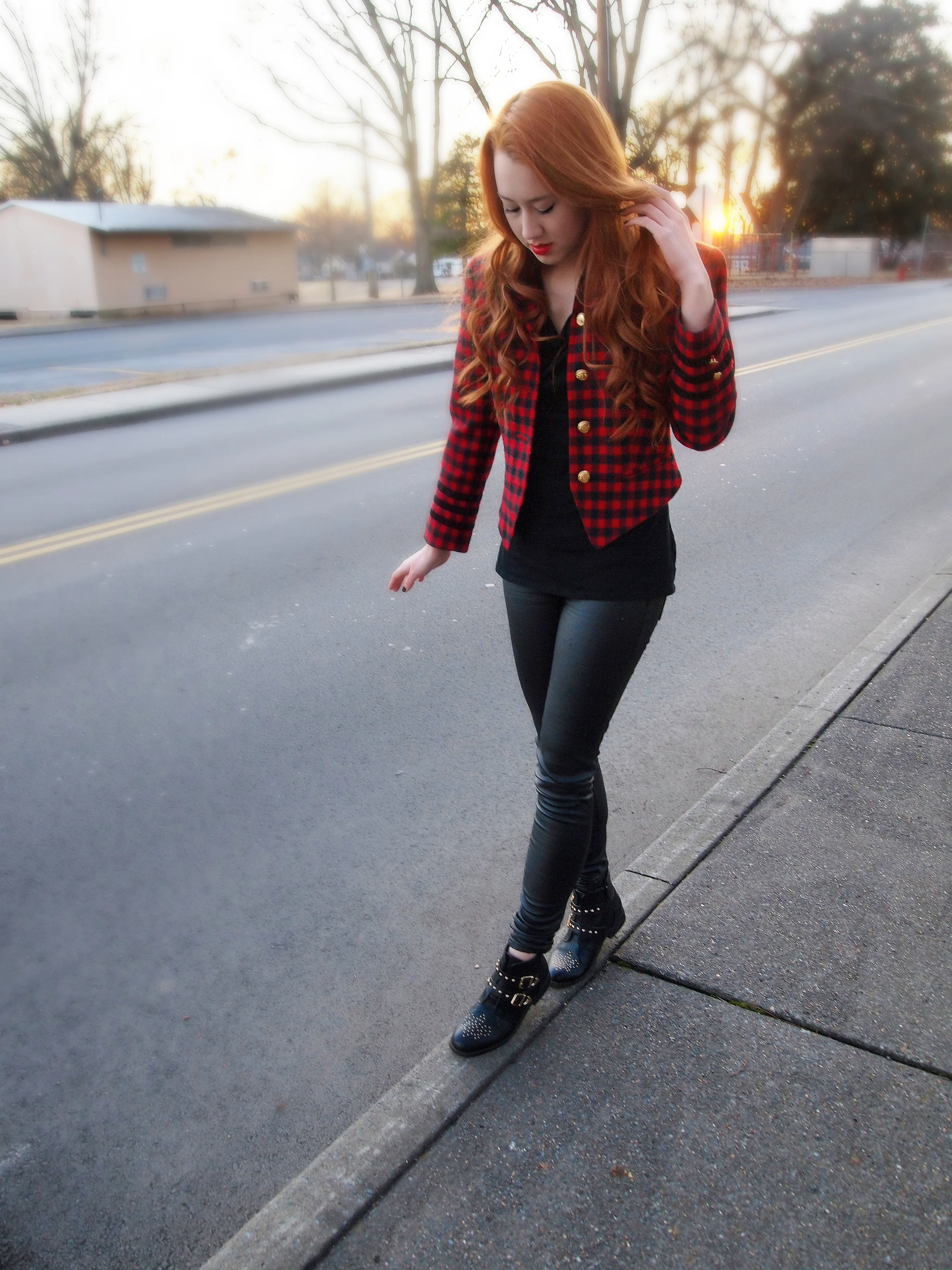 Local Honey plaid jacket (thrifted), Express black shirt, American Eagle leather pants, DSW ankle boots