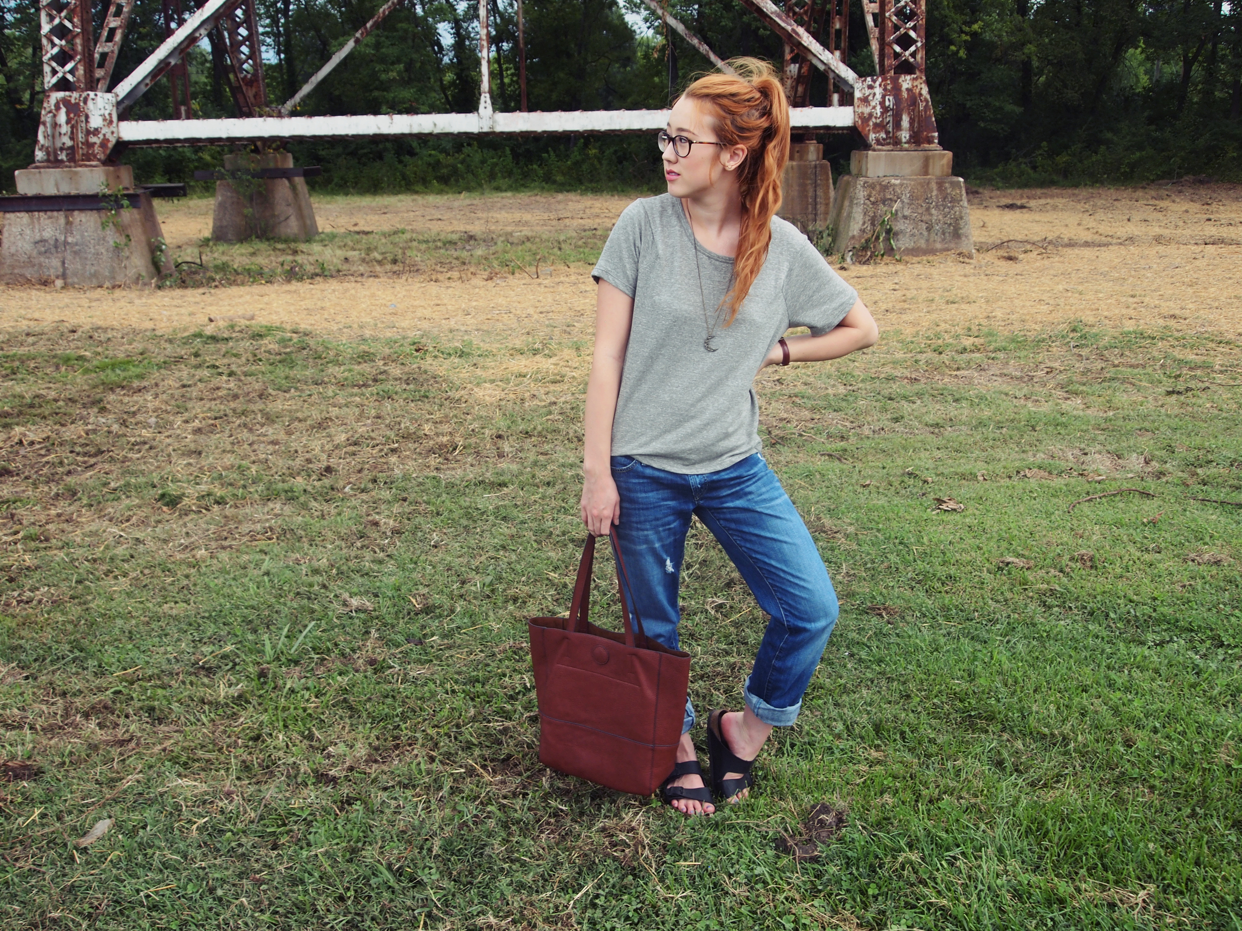 T.J. Maxx shirt , Gap jeans , DSW Birkenstocks , Joy Susan tote , Ralph Lauren glasses , Pangaea necklace , Urban Outfitters watch