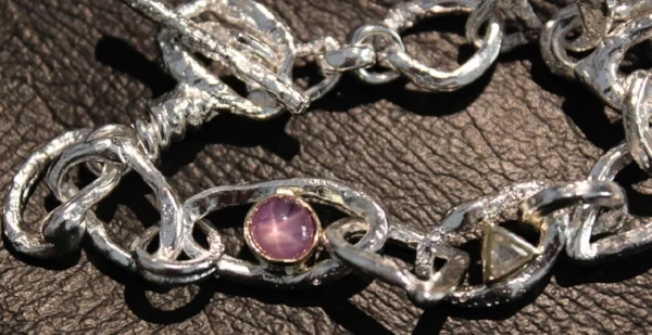 Star pink sapphire. Rough Diamond. K18 Yellow Gold. Silver 925 - Sold