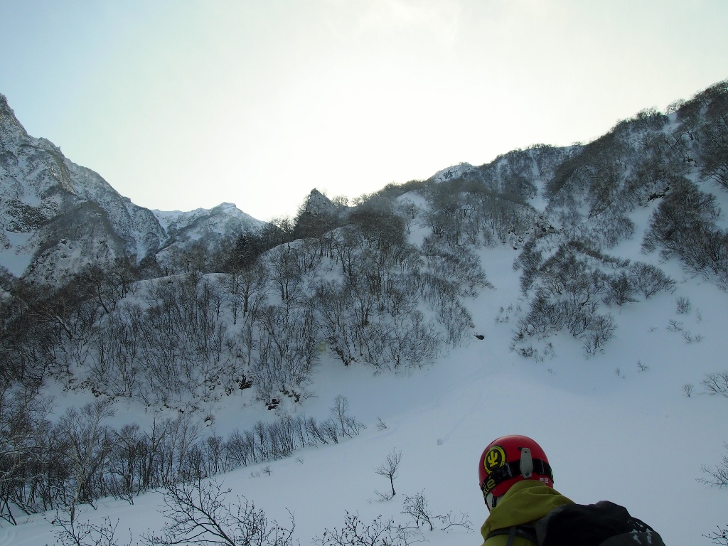 Looking back. We skied the gully directly above my head. For scale, the roller-ball just left of my cactus sticker is a bit over a metre across. Photo by James Horan.
© The Powder Project Pty Ltd