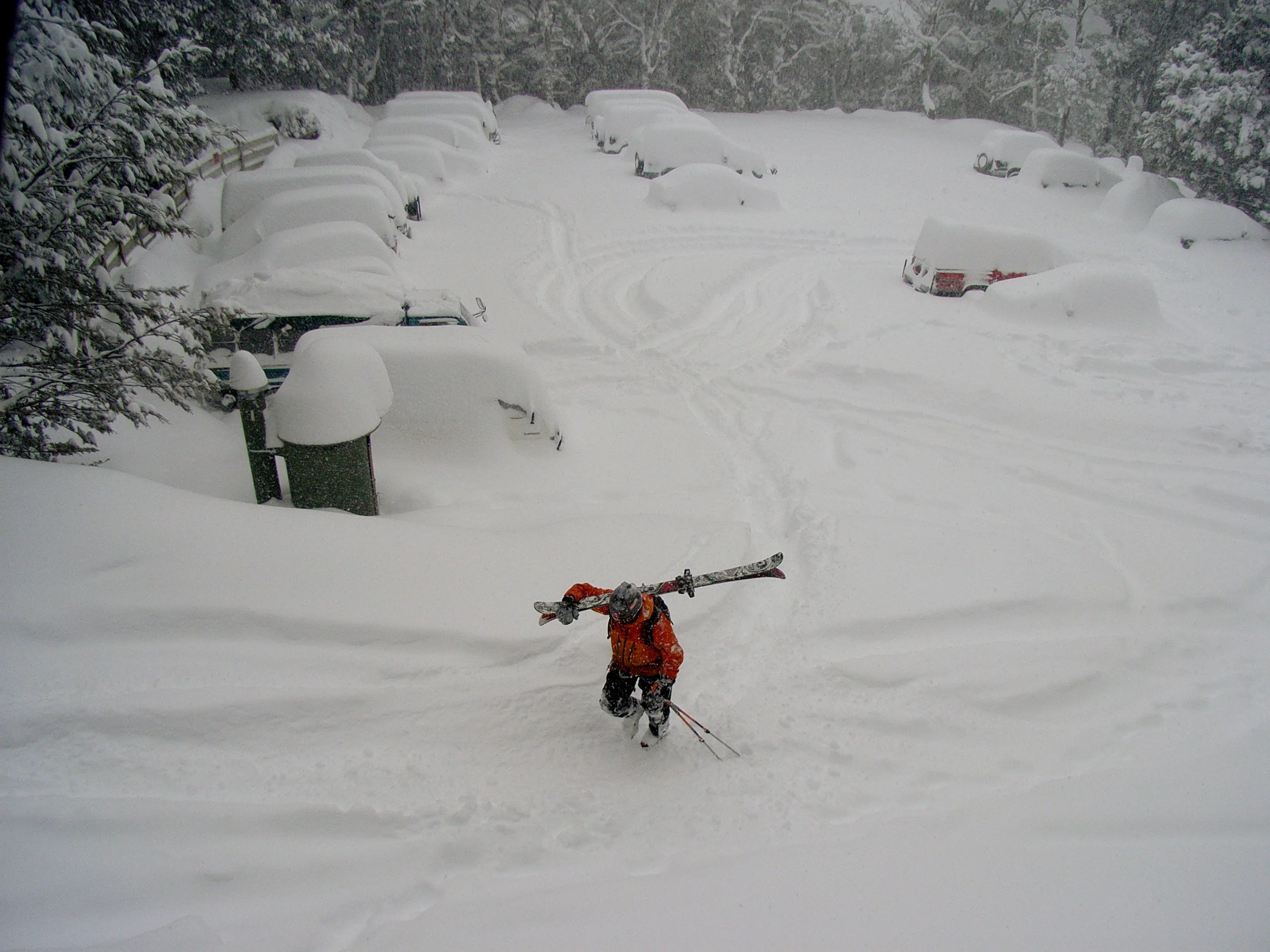 There's a metre of fresh snow in the carpark. You can be at the top of the road or the bottom. Choose wisely, because in this storm they didn't clear the road for four days. © The Powder Project Pty Ltd