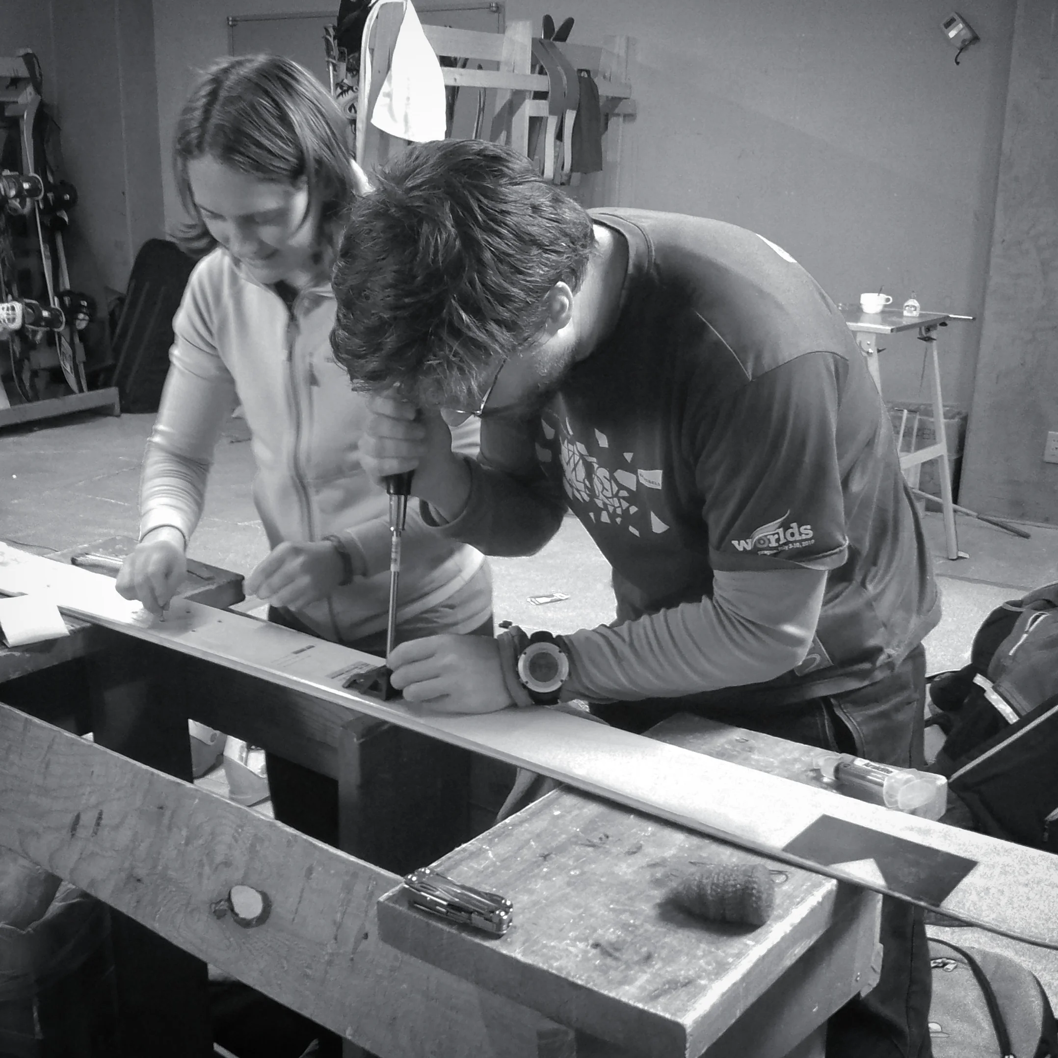 Remounting Pet's touring bindings in the Shirakabasou ski room. This fix is still going strong almost a year later.