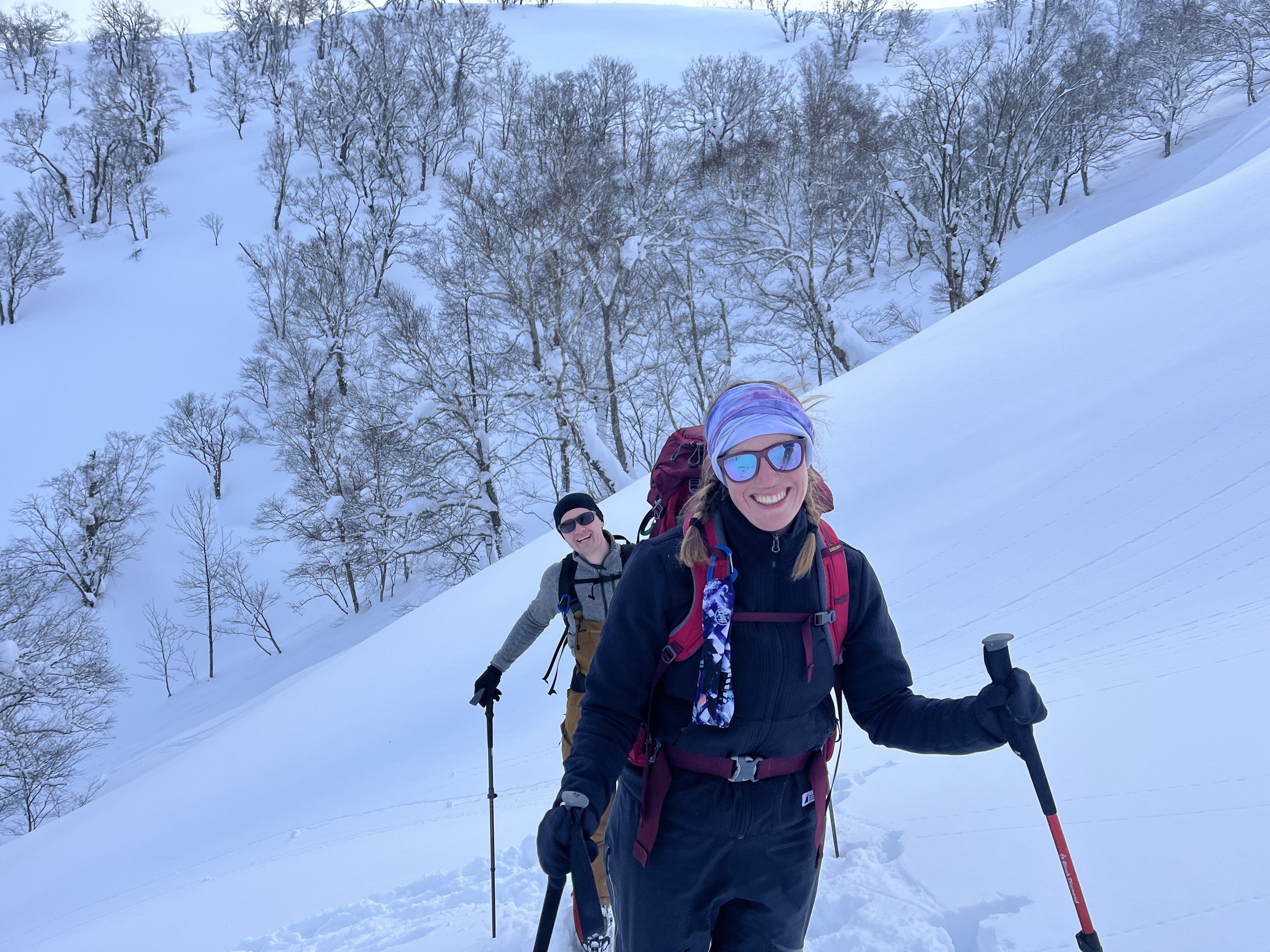 People skinning uphill. They look stoked about it.