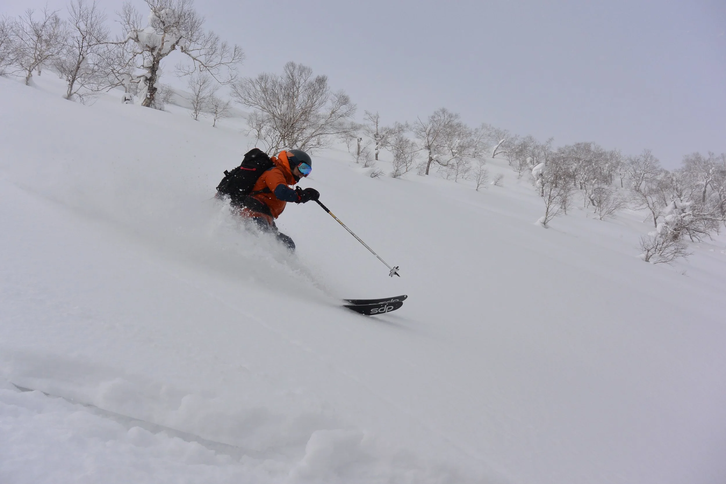 A skier in boot deep powder turns with scattered trees in the background