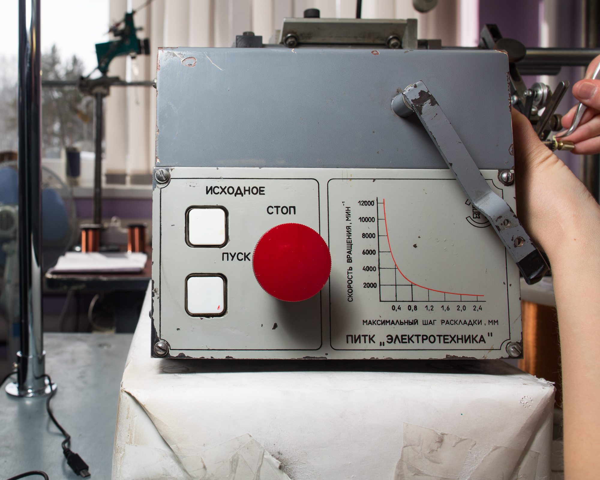 A machine is used to wind wire for transistors in the innovation center's fabrication building. Akadempark is a cluster of buildings, one dedicated to office space, one for biotechnology and another to fabricate components that are hard to acquire in the middle of Siberia.