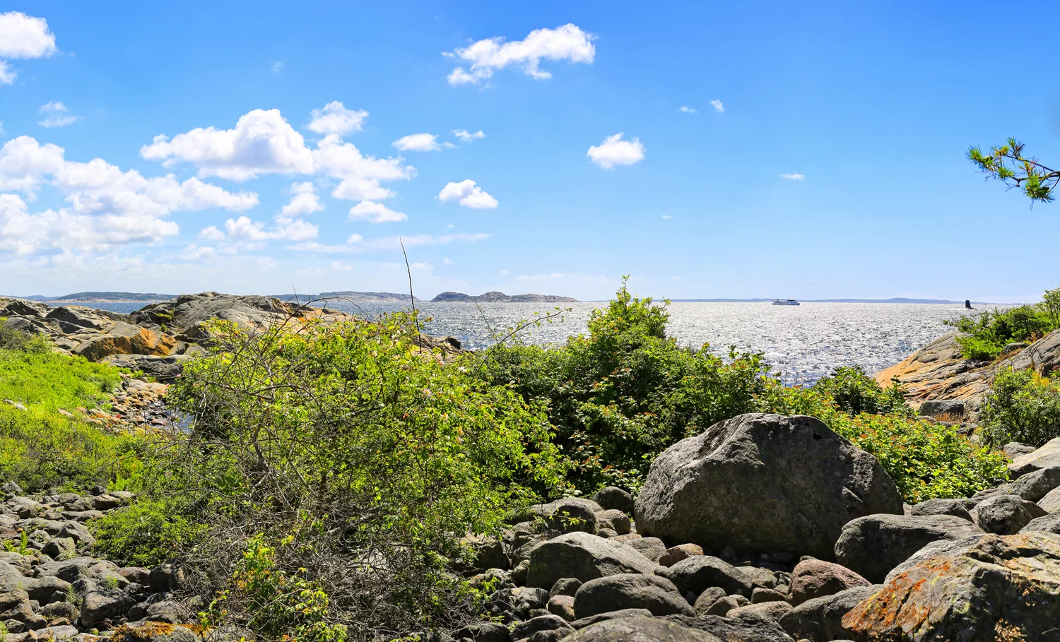 Gjølertangen Naturreservat. Sverige og MS Vesleø i bakgrunn.