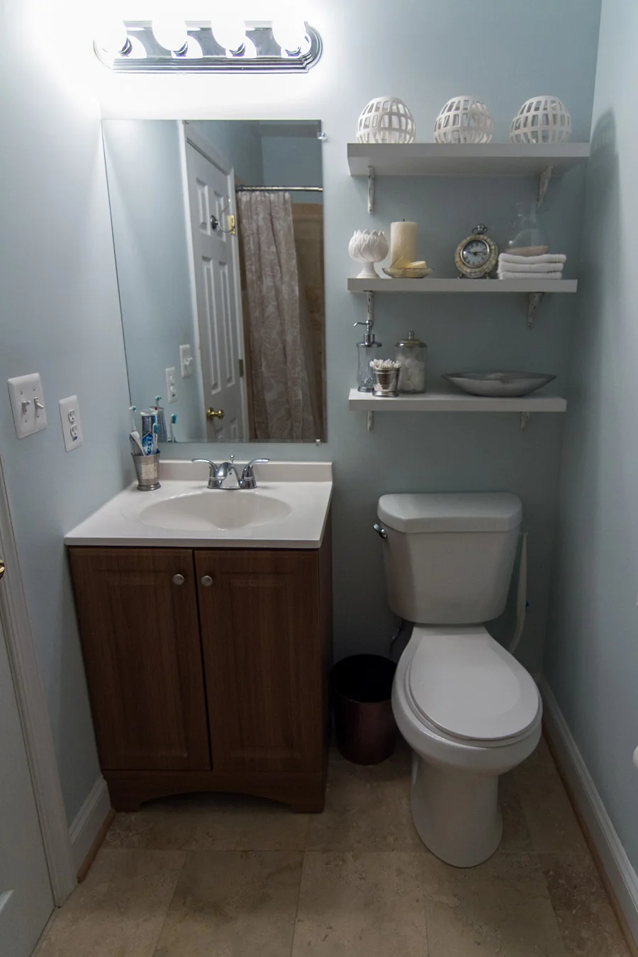 Our small master bath utilizes smart storage to make the most of the space.