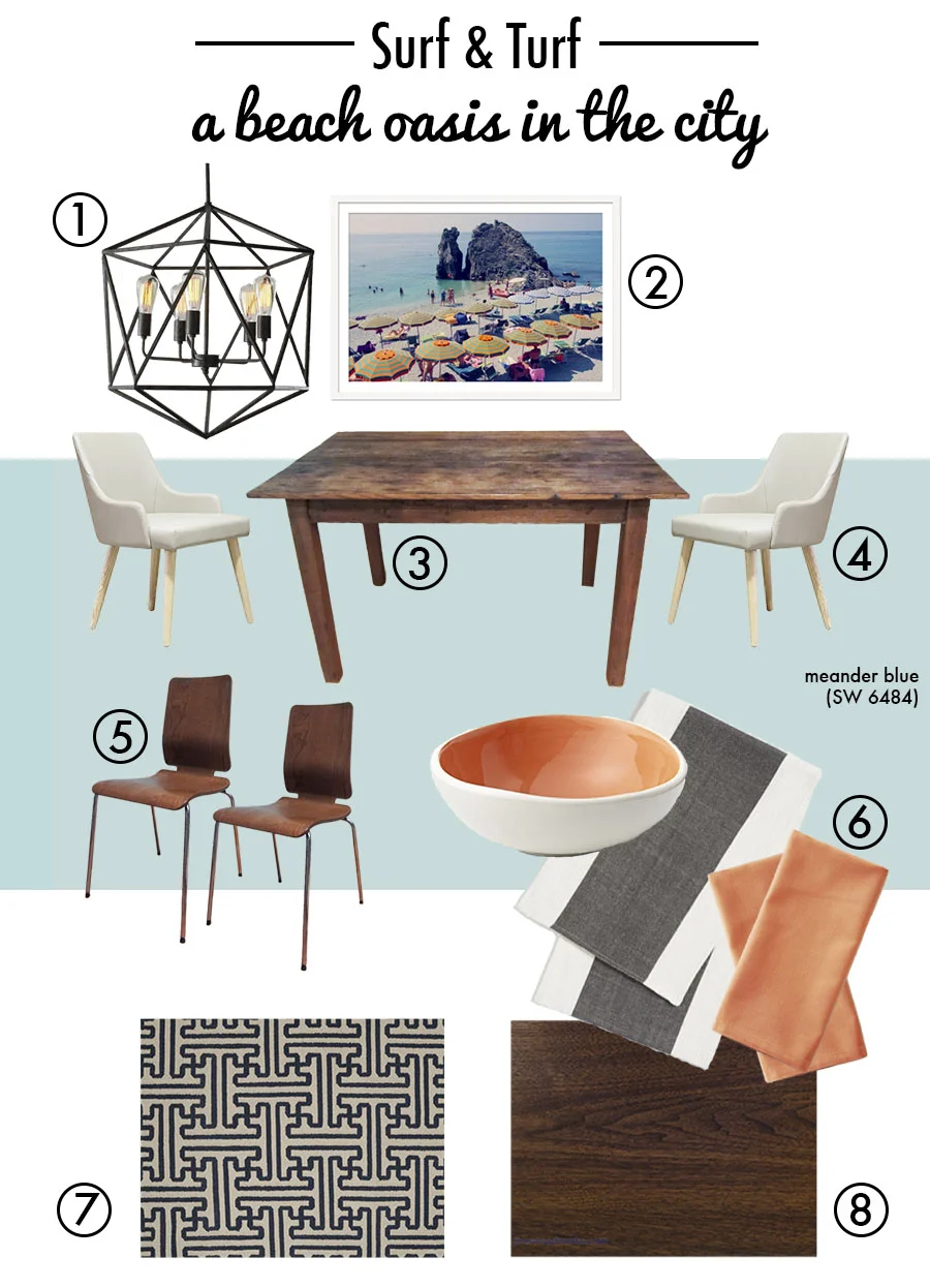A mood board of the beachy yet modern vibe I'm striving for in the dining area