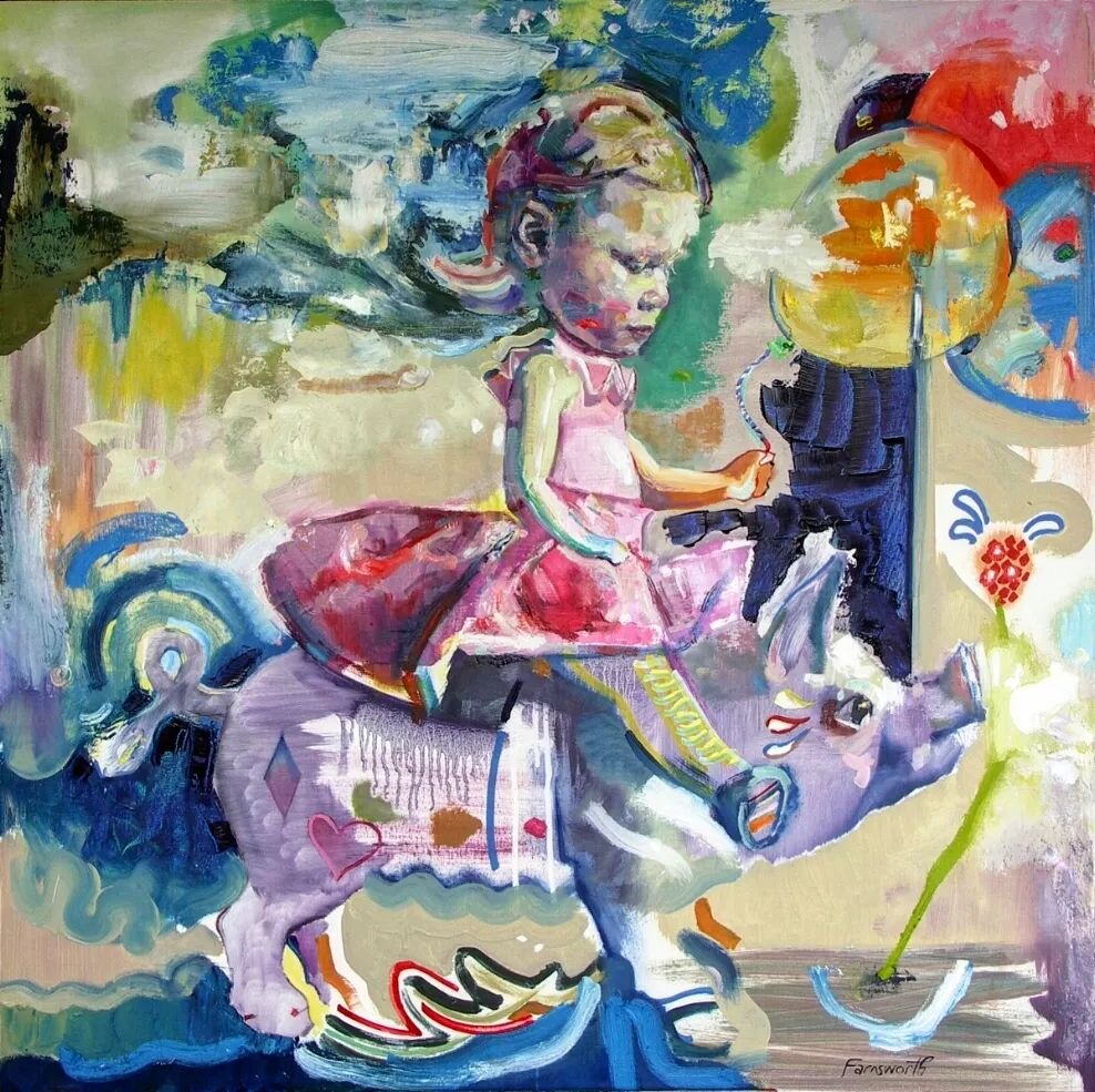 Throwback Thursday to this 2010  oil painting of my daughter riding a pig, 33 x 33 inches. #tbt 🐖 🎈 
.
.
#piglover #modernpaintings #modernpainting #modernpainter #modernart #canadianart #oilpainter #palette #surrealist #throwbackthursdays #figurat