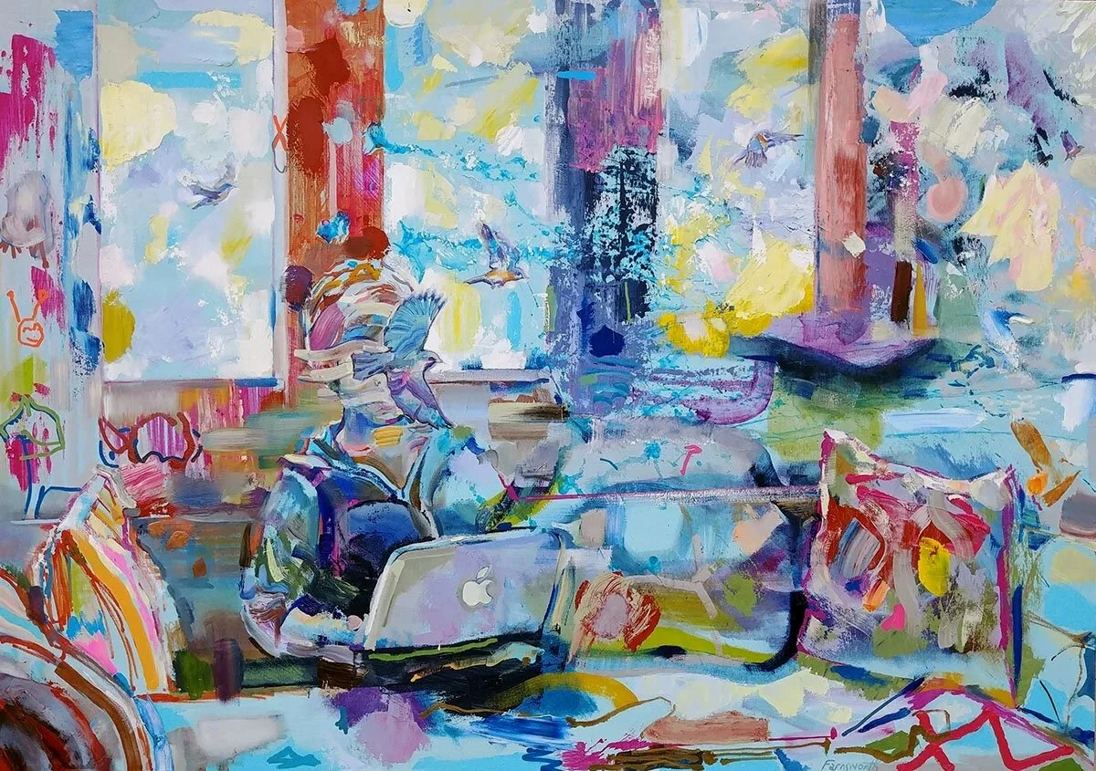 Abstracted Interior with Figure Googling Birds, 2019