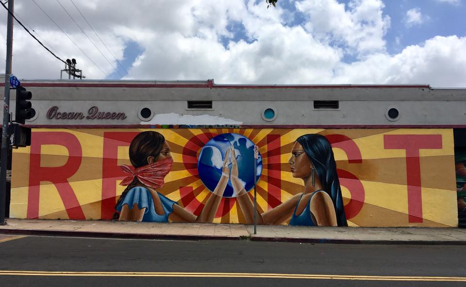 "¡RESISTE!" Mural by Nanibah Chacon in conjunction with The Art of Indigenous Resistance exhibition at Self Help Graphics Los Angeles, CA. 2017