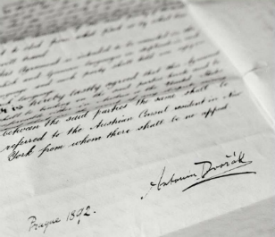 The contract that brought Dvořák to America, on recent exhibit in the Dvořák Room of the Dvořák American Heritage Association at the Bohemian National Hall. Photo credit: Roman Franc.