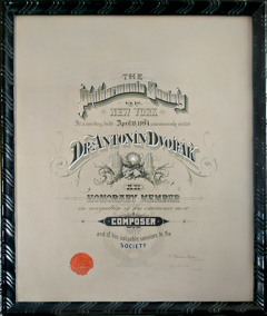 Image of Dvořák's New York Philharmonic Certificate, 1894. Photo by Eva Heyd, courtesy of Antonin Dvořák III & DAHA.