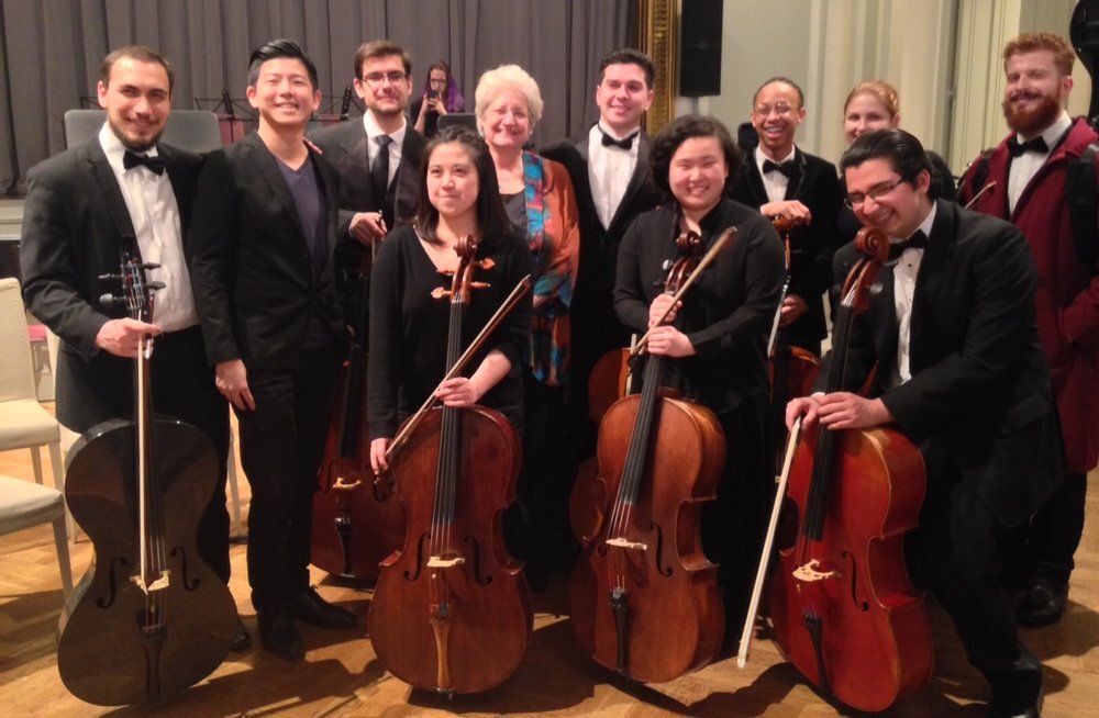 Cello soloist Marcy Rosen with cellists from the Aaron Copland School of Music.  Photo Credit: DAHA