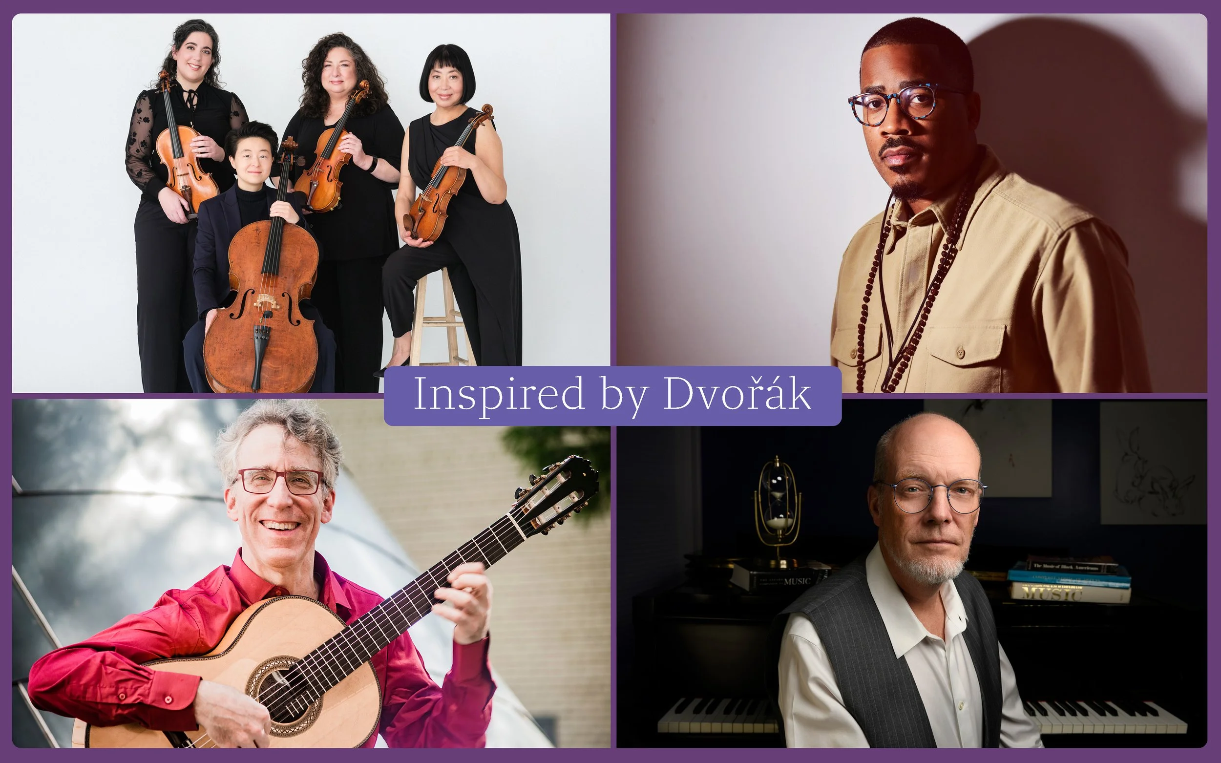 Illustrative. Headshots of musicians at the event, and composer Daniels Strong Godfrey.