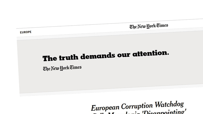 Online and print from New York Times' "The Truth Demands Our Attention" campaign by droga5 creating awareness of the issues shaping our nation.