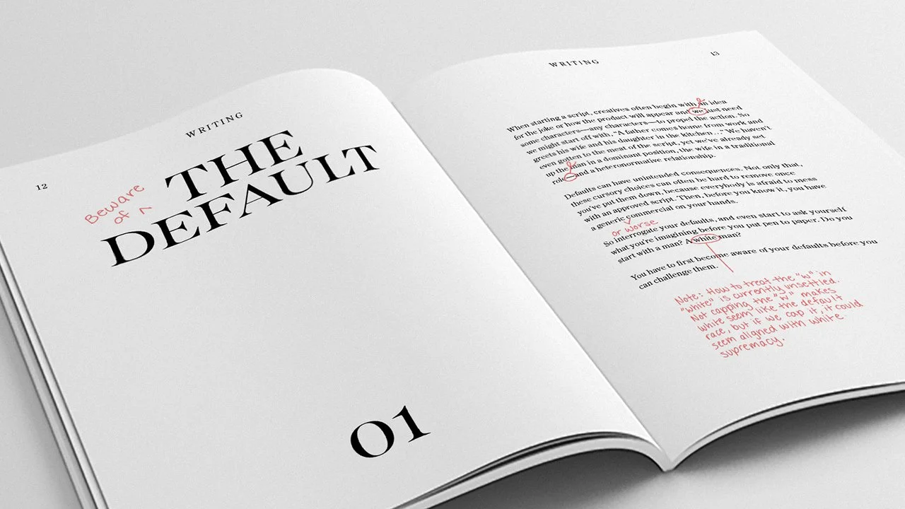 A spread from Droga5's Editing for Equality Adage A-List recognized guide to implementing a copyediting mark for equality, and tips on how to avoid it