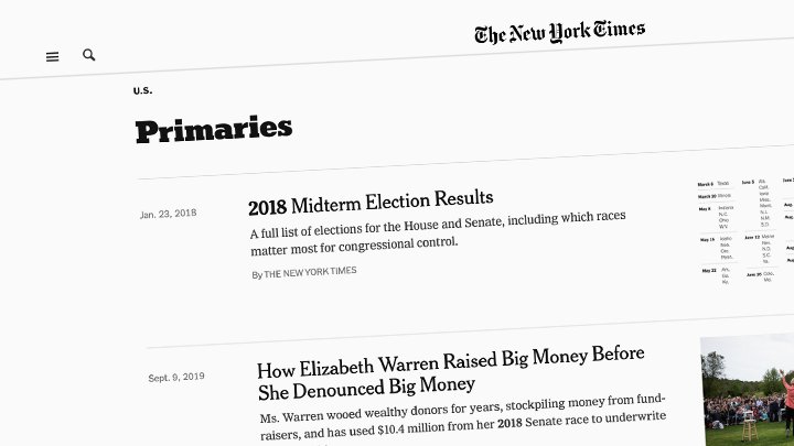 Primaries page to which all work directed in New York Times' "The Truth Demands Our Attention" campaign by droga5 creating awareness of the issues shaping our nation.