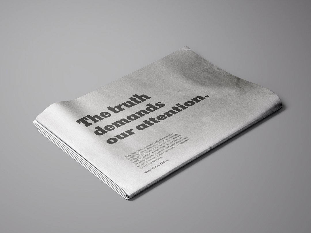 Full page print ad from New York Times' "The Truth Demands Our Attention" campaign by droga5 creating awareness of the issues shaping our nation.