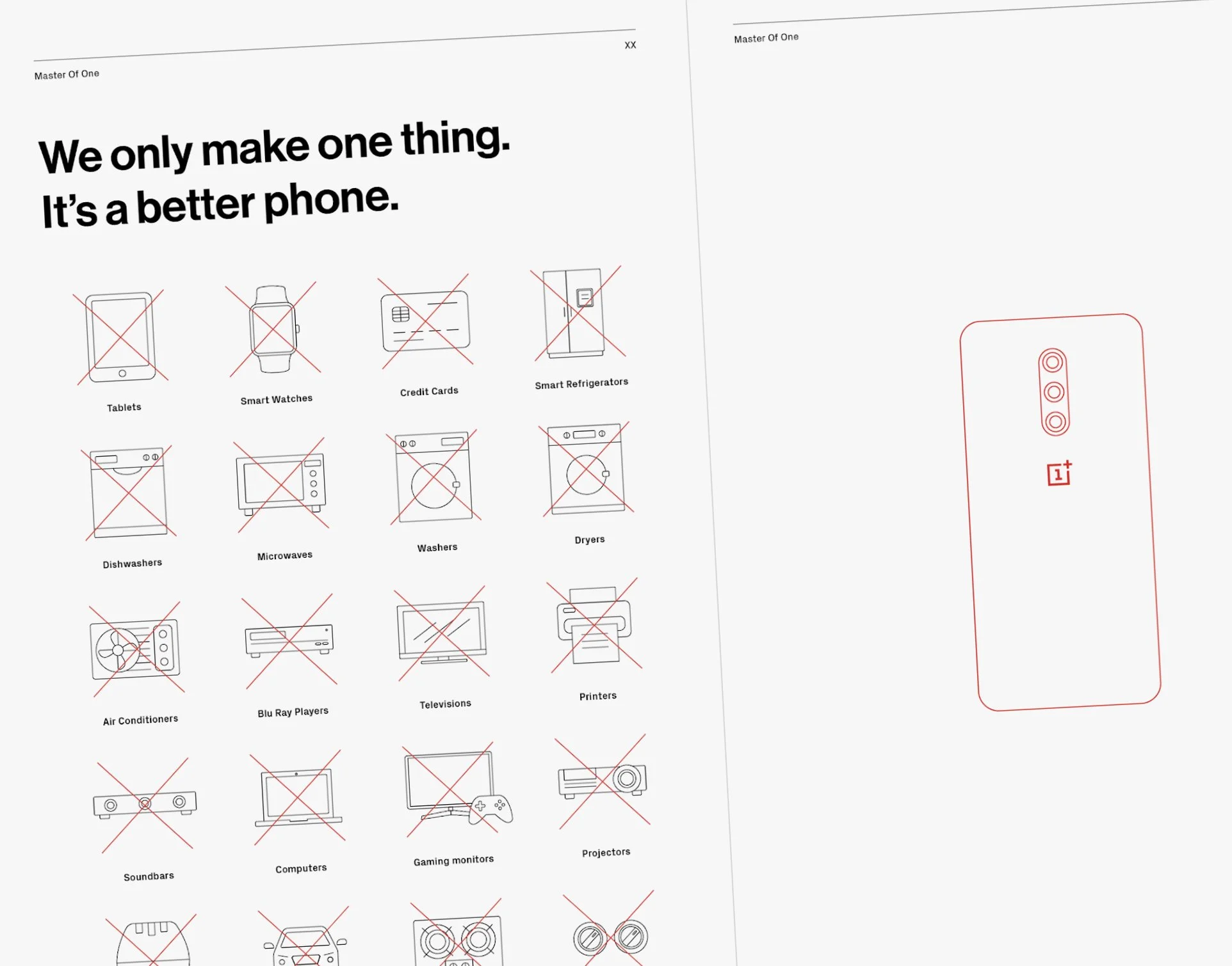 Inside spread of "Master of one" - a Oneplus 7 instruction manual leaked to the press by droga5 taking aim at the competition by showing we are focussed on making phones, and nothing else.