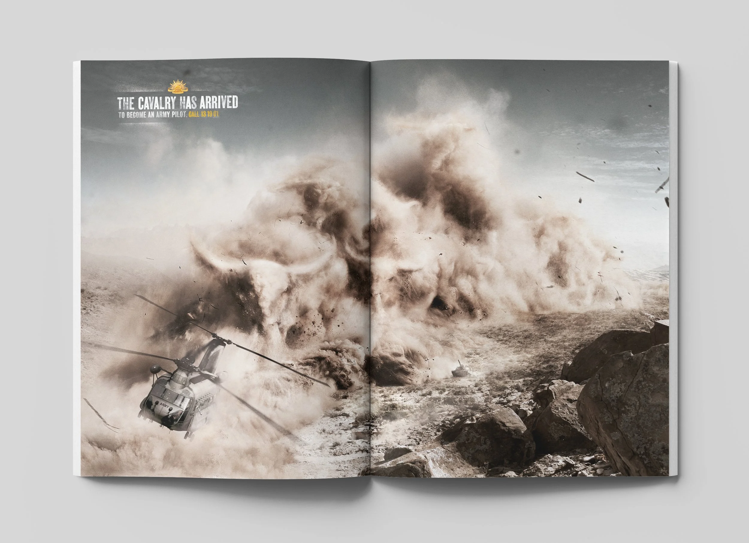 Spread of the Australian Army's Cannes Lion finalist print campaign "The Cavalry has Arrived" by GPY&R
