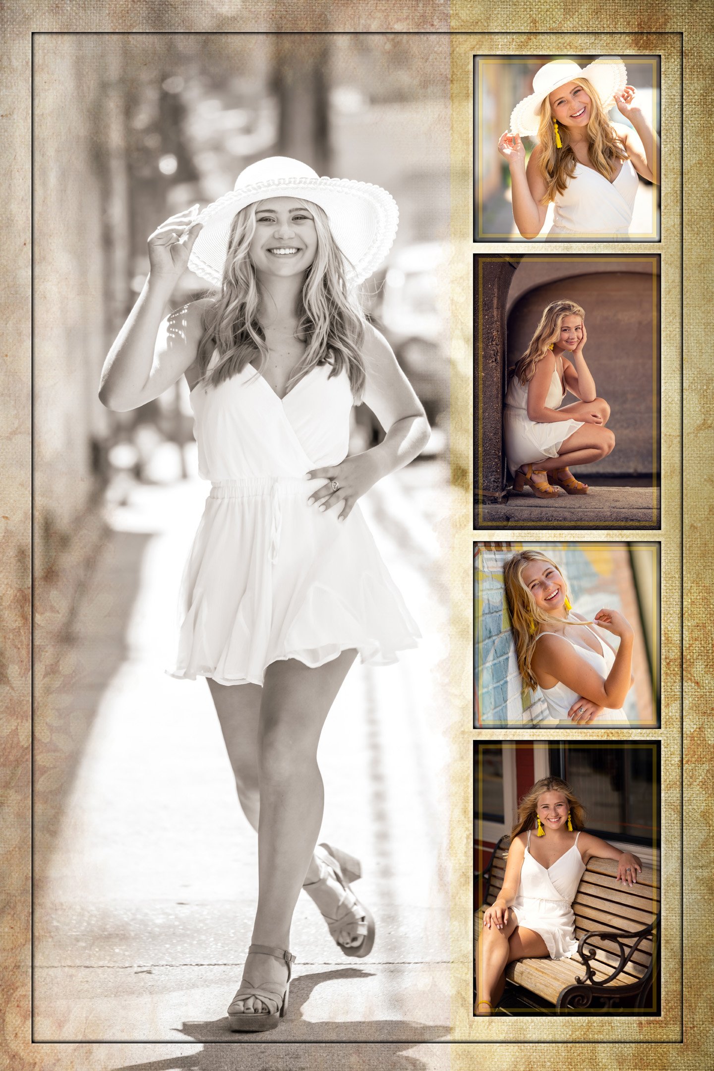 Collage of girl in white dress and big hat posing in downtown stillwater